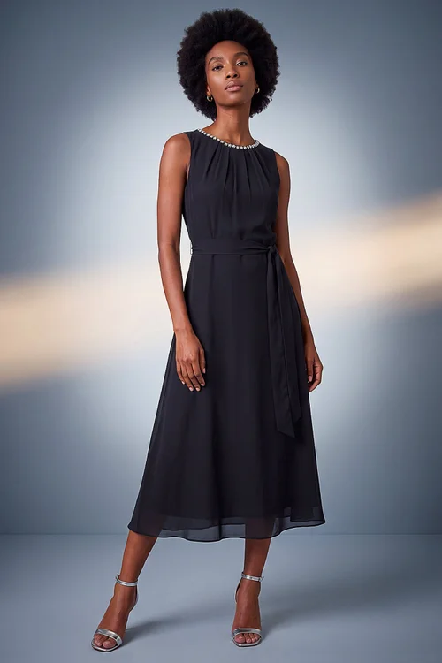 Roman Black Chiffon Pleat Neck Dress - 20 Image 1