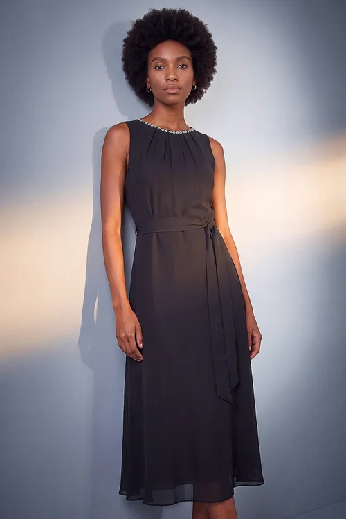 Roman Black Chiffon Pleat Neck Dress - 20 Image 2