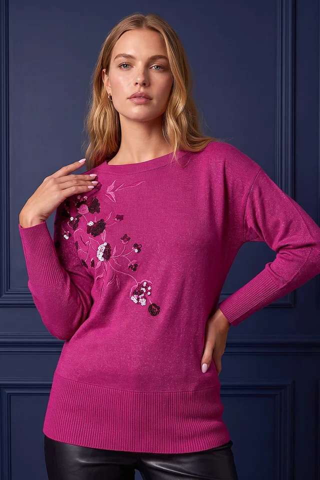 Roman Pink Floral Sequin Knit Jumper