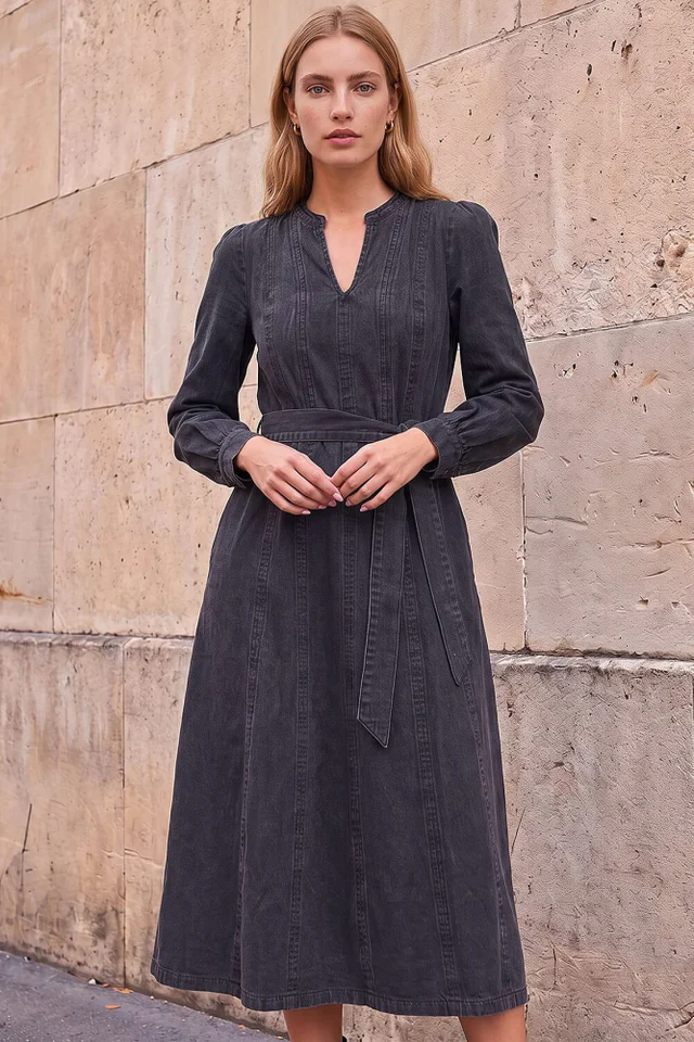 Roman Black Panelled Tie Waist Midi Dress