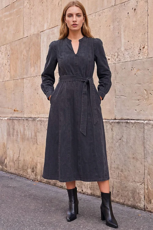 Roman Black Panelled Tie Waist Midi Dress - 20 Image 2