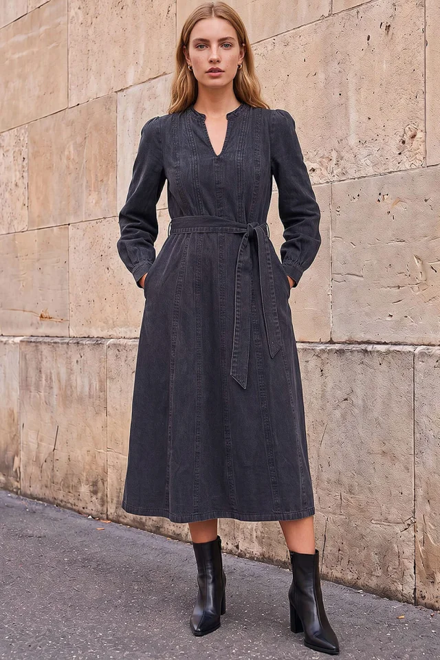 Roman Black Panelled Tie Waist Midi Dress