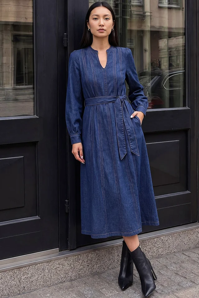 Roman Denim Panelled Tie Waist Midi Dress