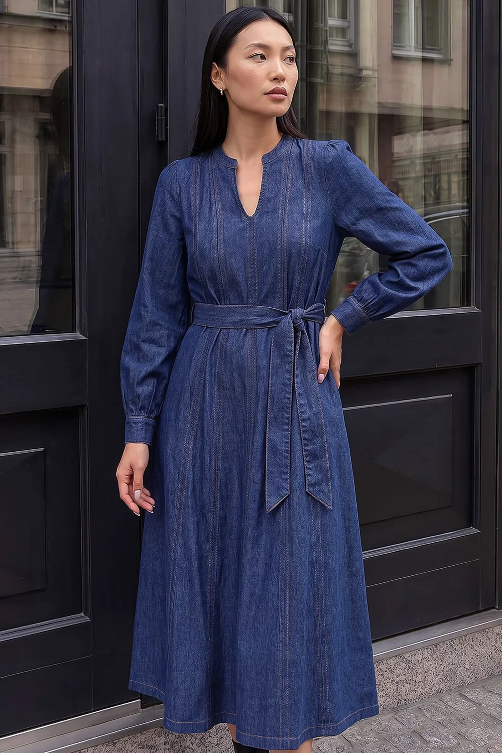 Roman Denim Panelled Tie Waist Midi Dress - 12 Image 1