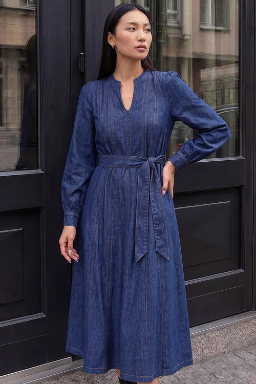 Roman Denim Panelled Tie Waist Midi Dress - 12 Image 1