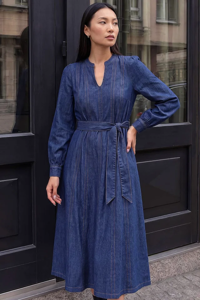 Roman Denim Panelled Tie Waist Midi Dress
