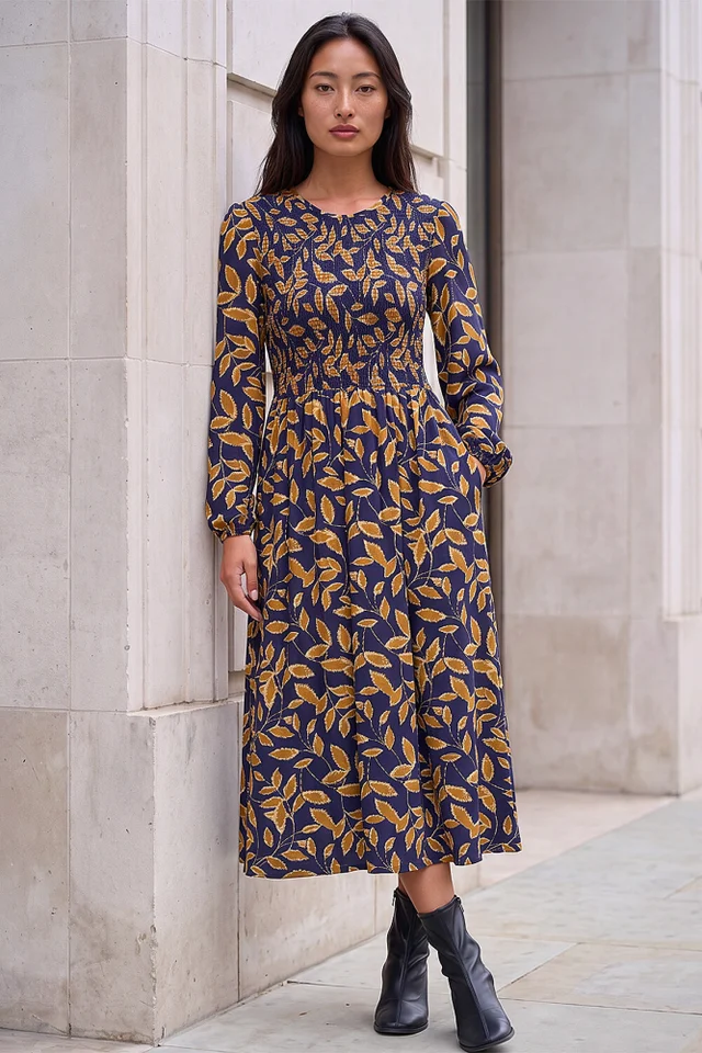 Roman Navy Petite Shirred Bodice Dress