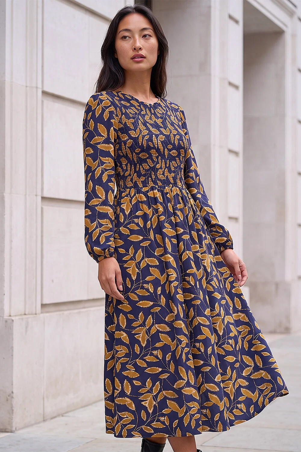 Roman Navy Petite Shirred Bodice Dress - 16 Image 1