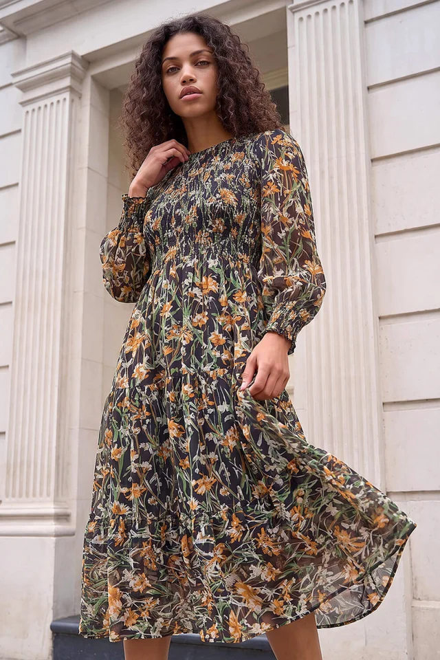 Roman Black Petite Floral Shirred Dress
