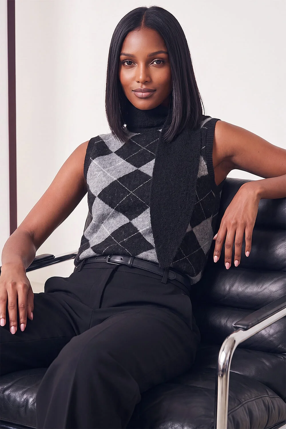 Dusk Black Argyle Tie Neck Knitted Jumper - 8 Image 1