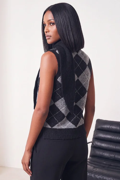 Dusk Black Argyle Tie Neck Knitted Jumper - 8 Image 4