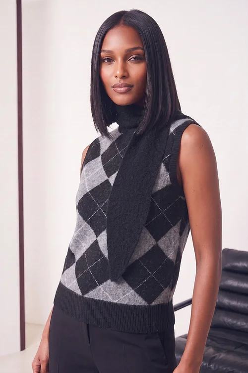 Dusk Black Argyle Tie Neck Knitted Jumper - 8 Image 2