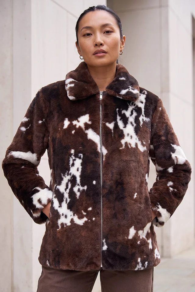 Roman Brown Faux Fur Cow Print Jacket