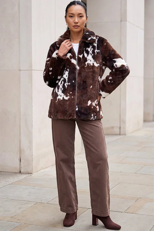 Roman Brown Faux Fur Cow Print Jacket - 12 Image 3