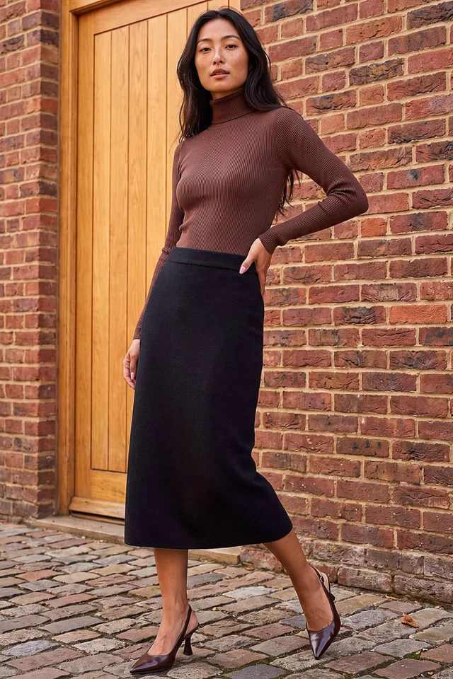 Roman Black Petite Knitted Midi Skirt