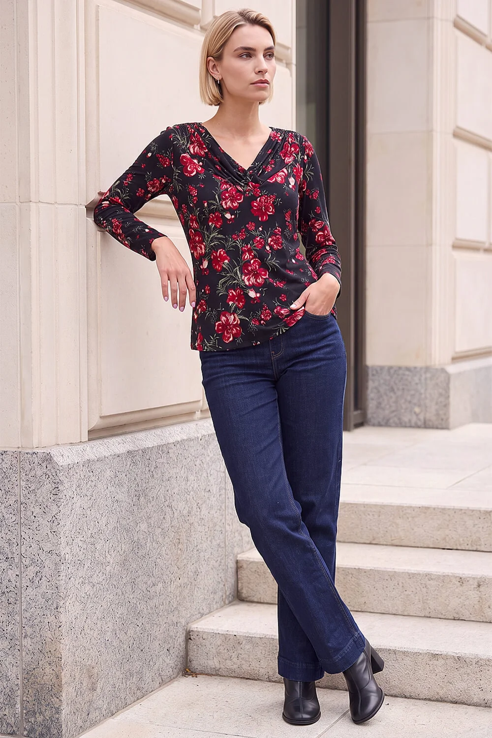 Roman Red Floral Pleat V-Neck Top - 12 Image 2