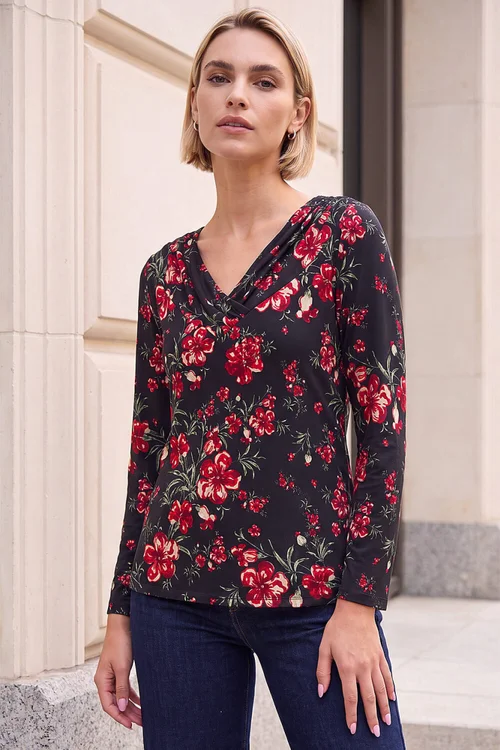 Roman Red Floral Pleat V-Neck Top - 12 Image 1