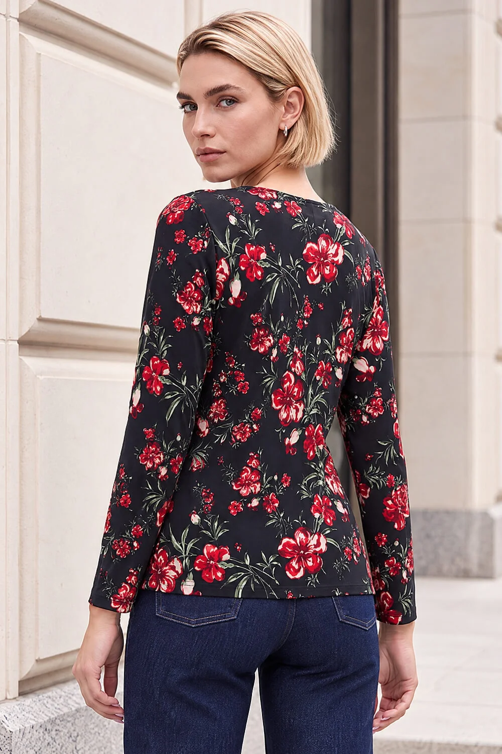 Roman Red Floral Pleat V-Neck Top - 12 Image 3