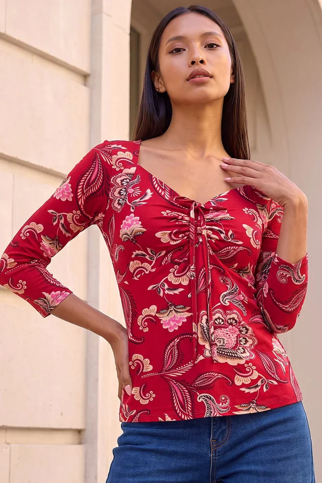 Roman Red Petite Drawstring Top