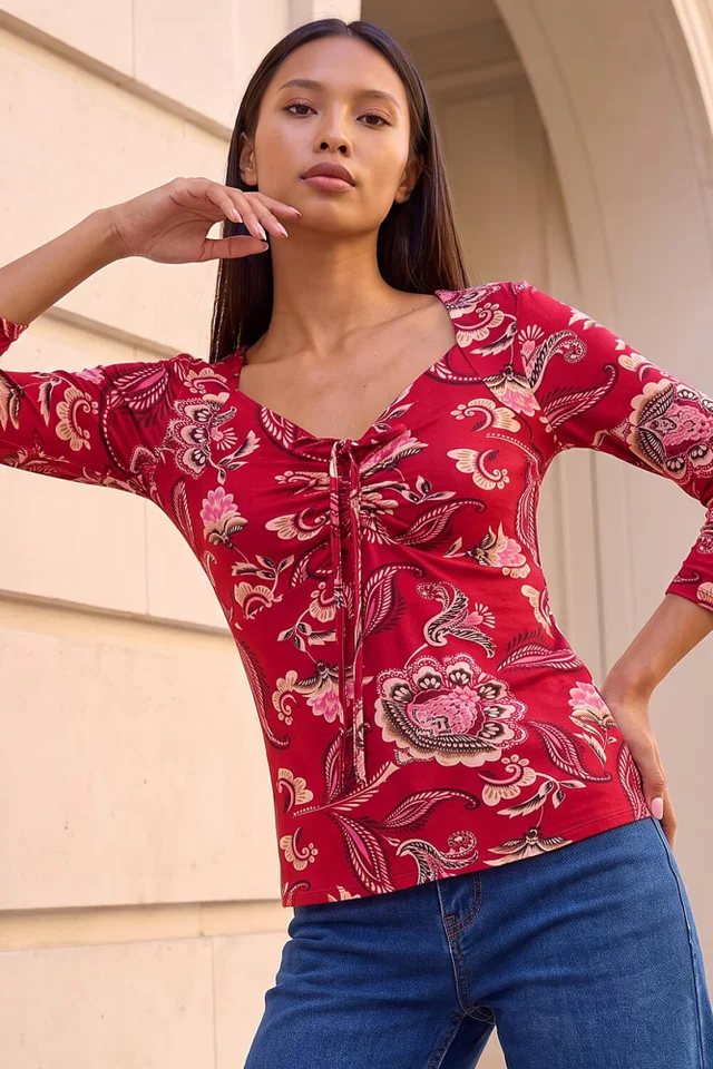 Roman Red Petite Drawstring Top
