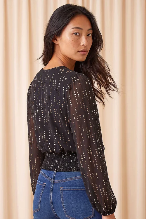 Roman Black Petite Printed Foil V-Neck Top - 14 Image 3