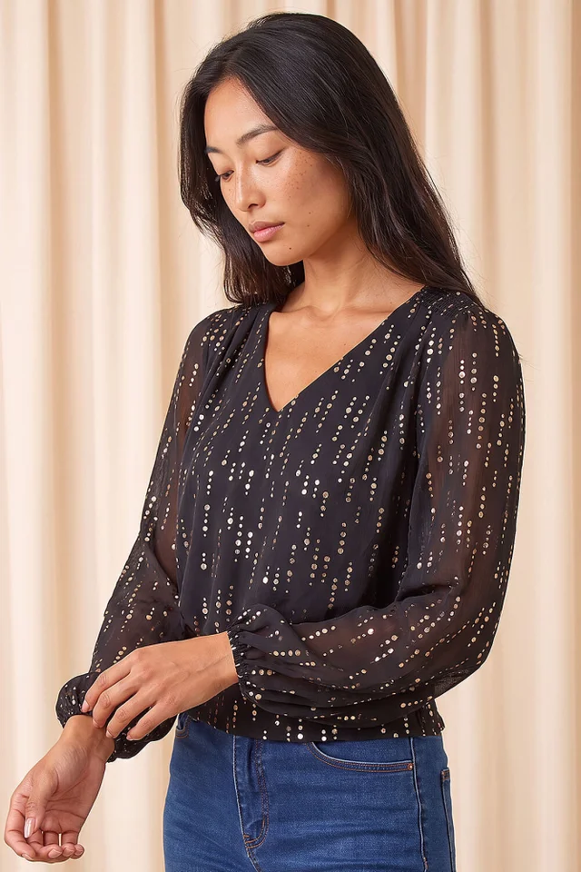 Roman Black Petite Printed Foil V-Neck Top