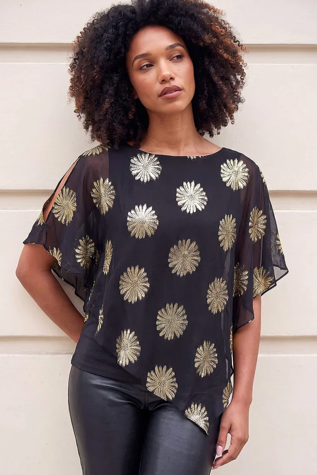 Roman Black Floral Jacquard Overlay Top