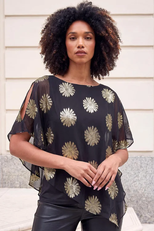 Roman Black Floral Jacquard Overlay Top - 20 Image 1