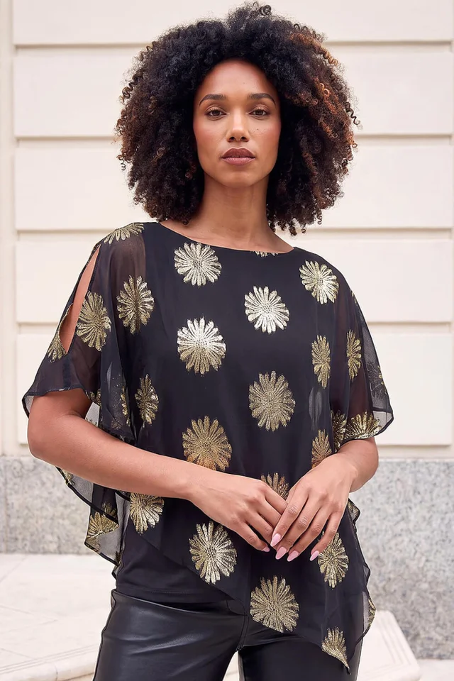Roman Black Floral Jacquard Overlay Top