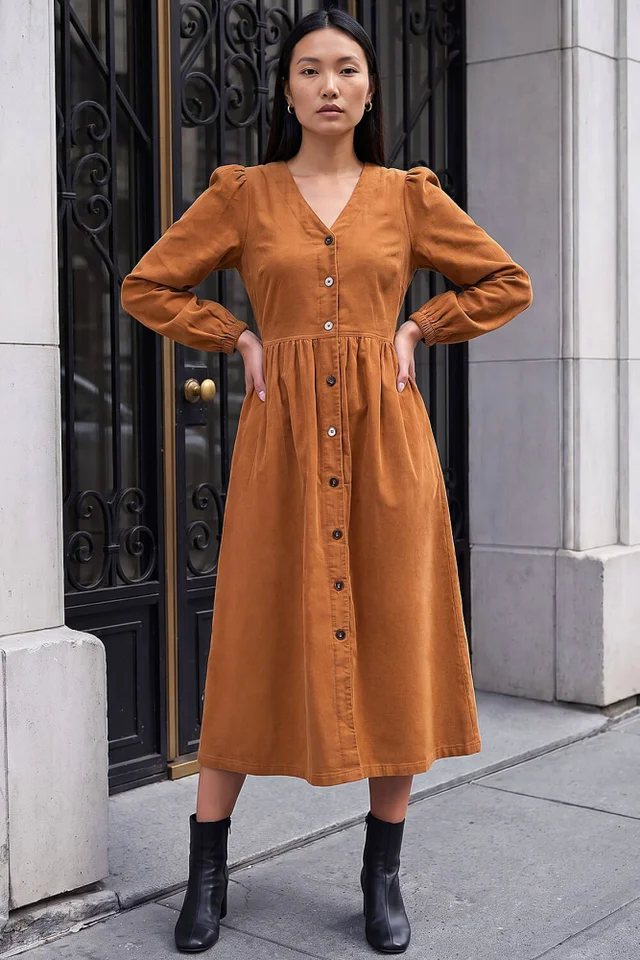 Roman Amber Button Through Corduroy Dress