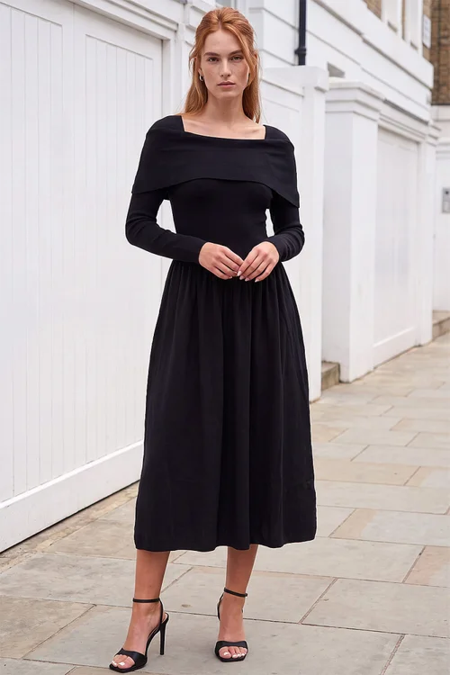 Roman Black Bardot Knitted Midi Dress - 10 Image 2