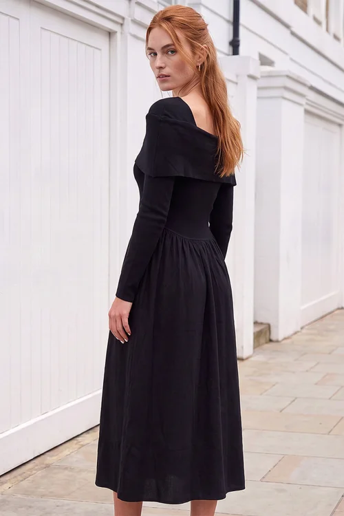 Roman Black Bardot Knitted Midi Dress - 10 Image 3