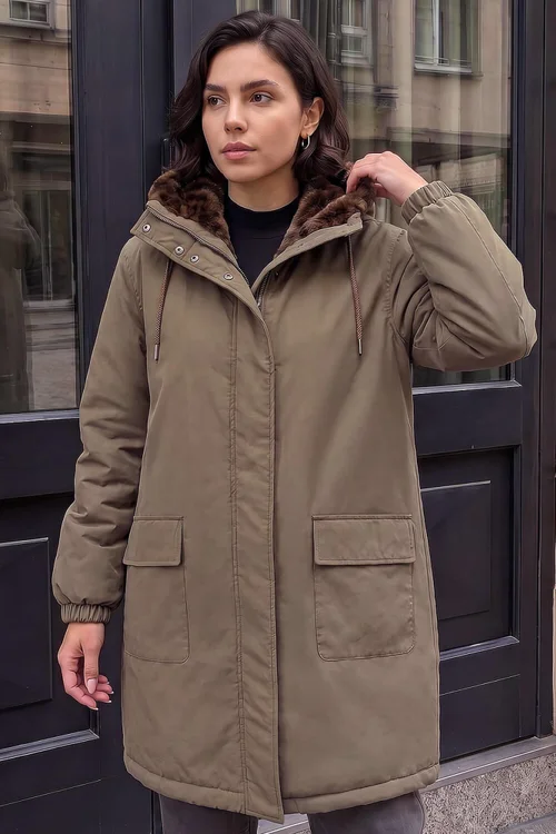 Roman Khaki Animal Faux Fur Parka Coat - 14 Image 3