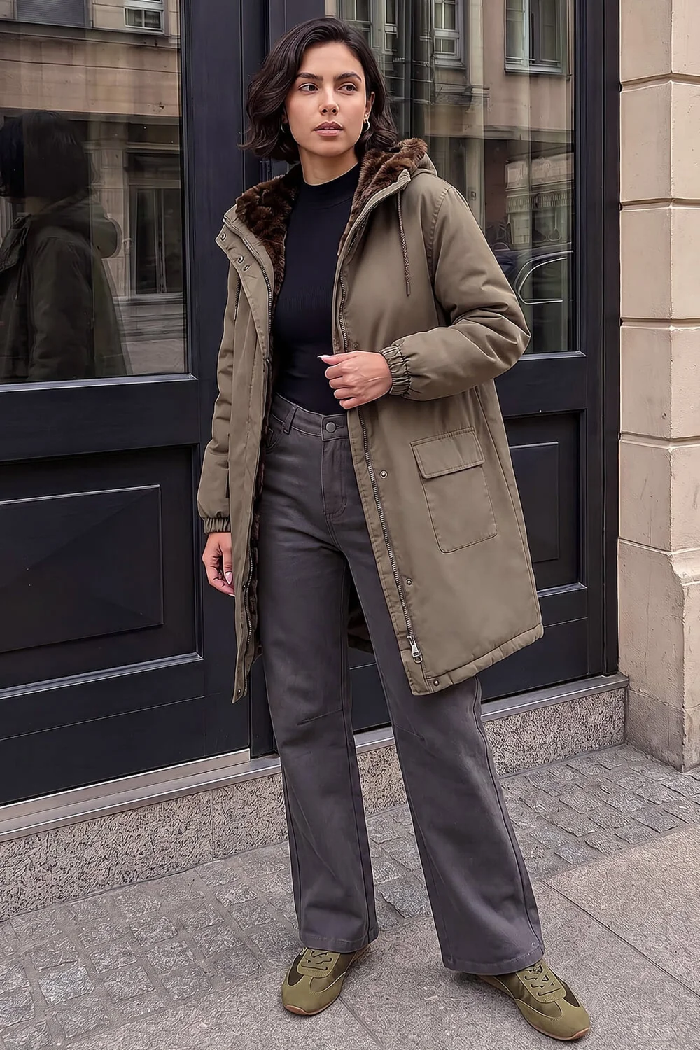 Roman Khaki Animal Faux Fur Parka Coat - 14 Image 2