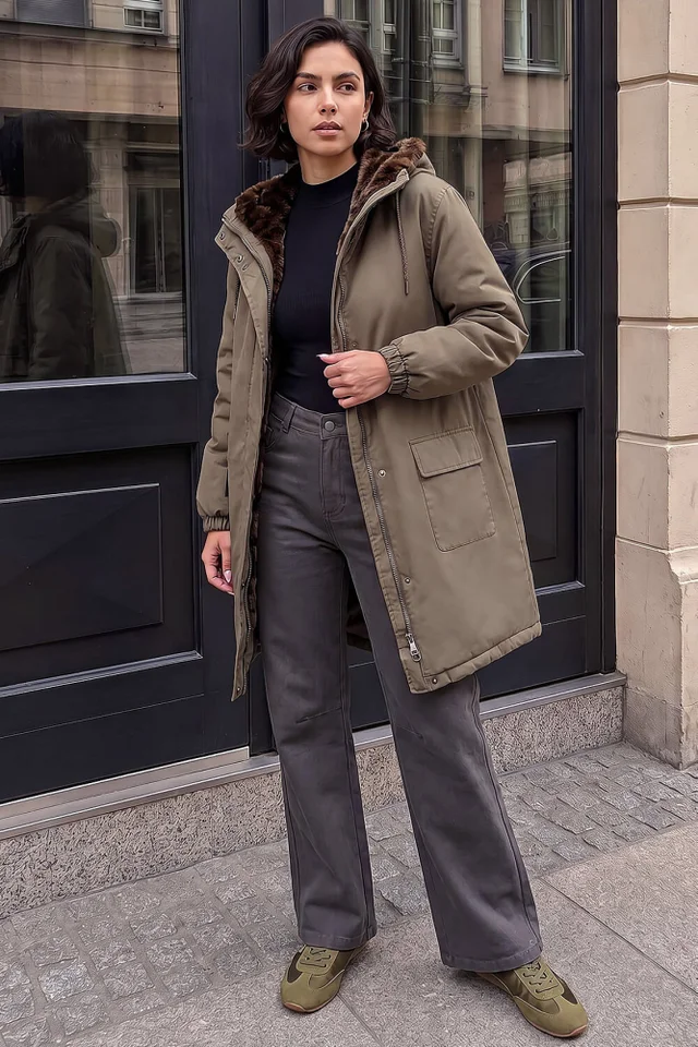 Roman Khaki Animal Faux Fur Parka Coat