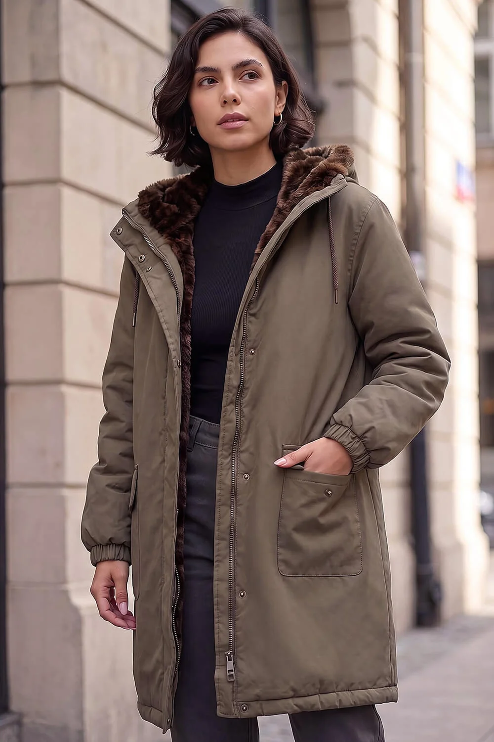 Roman Khaki Animal Faux Fur Parka Coat - 14 Image 1