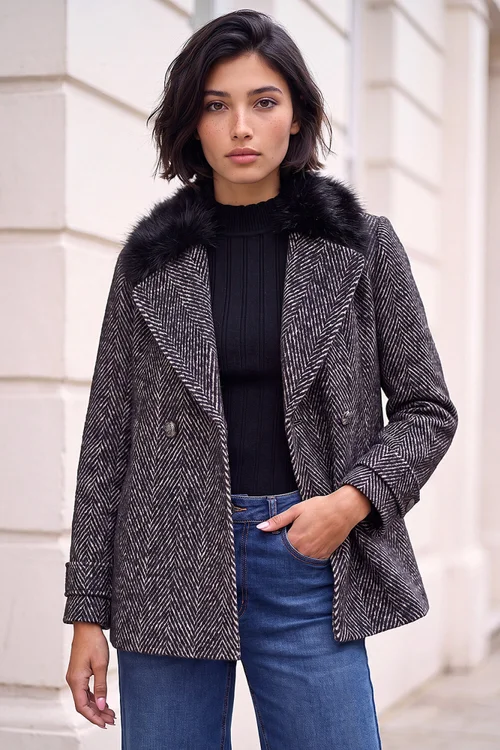 Roman Black Petite Jacquard Coat - 14 Image 1
