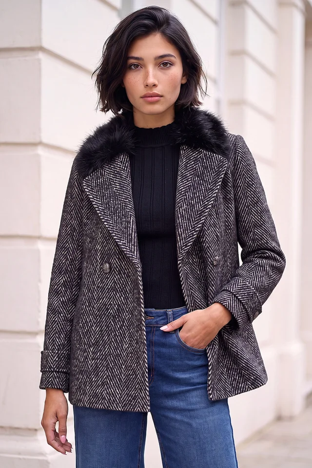 Roman Black Petite Jacquard Coat