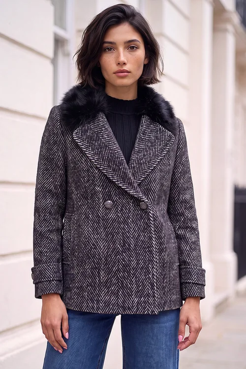 Roman Black Petite Jacquard Coat - 14 Image 3