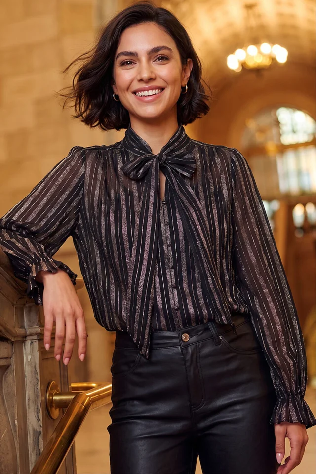Roman Black Metallic Stripe Tie Neck Shirt
