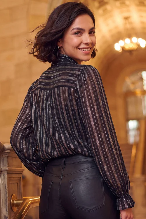 Roman Black Metallic Stripe Tie Neck Shirt - 16 Image 4