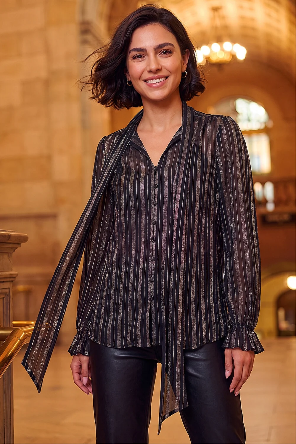 Roman Black Metallic Stripe Tie Neck Shirt - 16 Image 1
