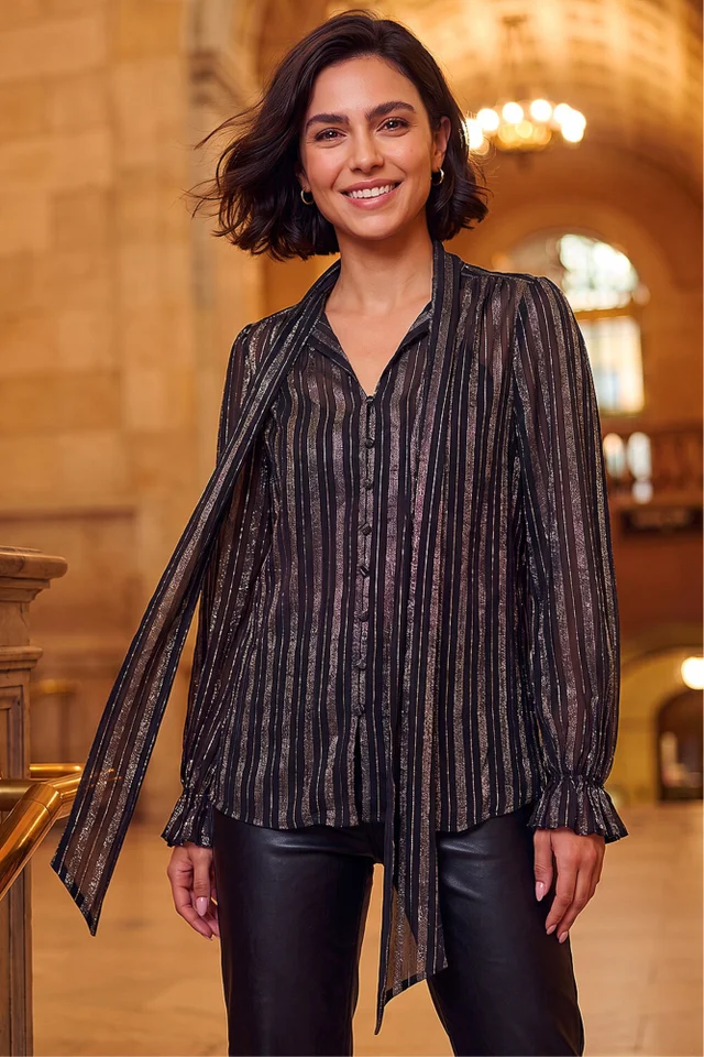 Roman Black Metallic Stripe Tie Neck Shirt