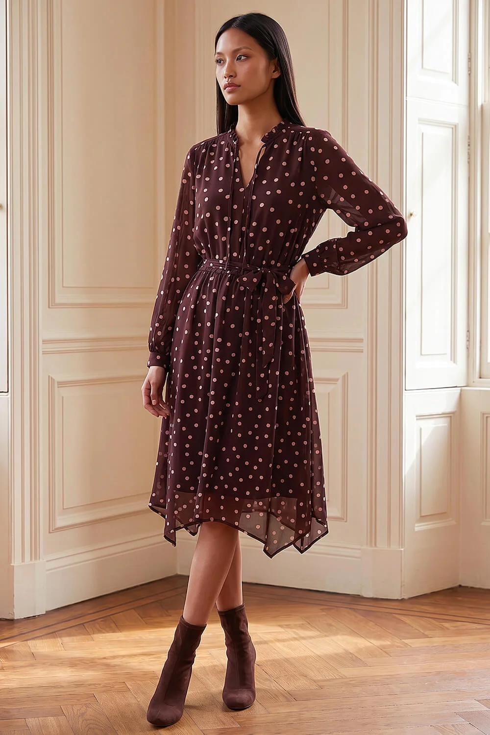 Roman Chocolate Petite Polka Dot Midi Dress - 8 Image 2
