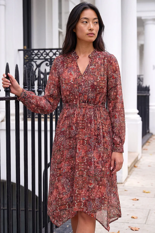 Roman Rust Petite Paisley Tie Front Midi Dress