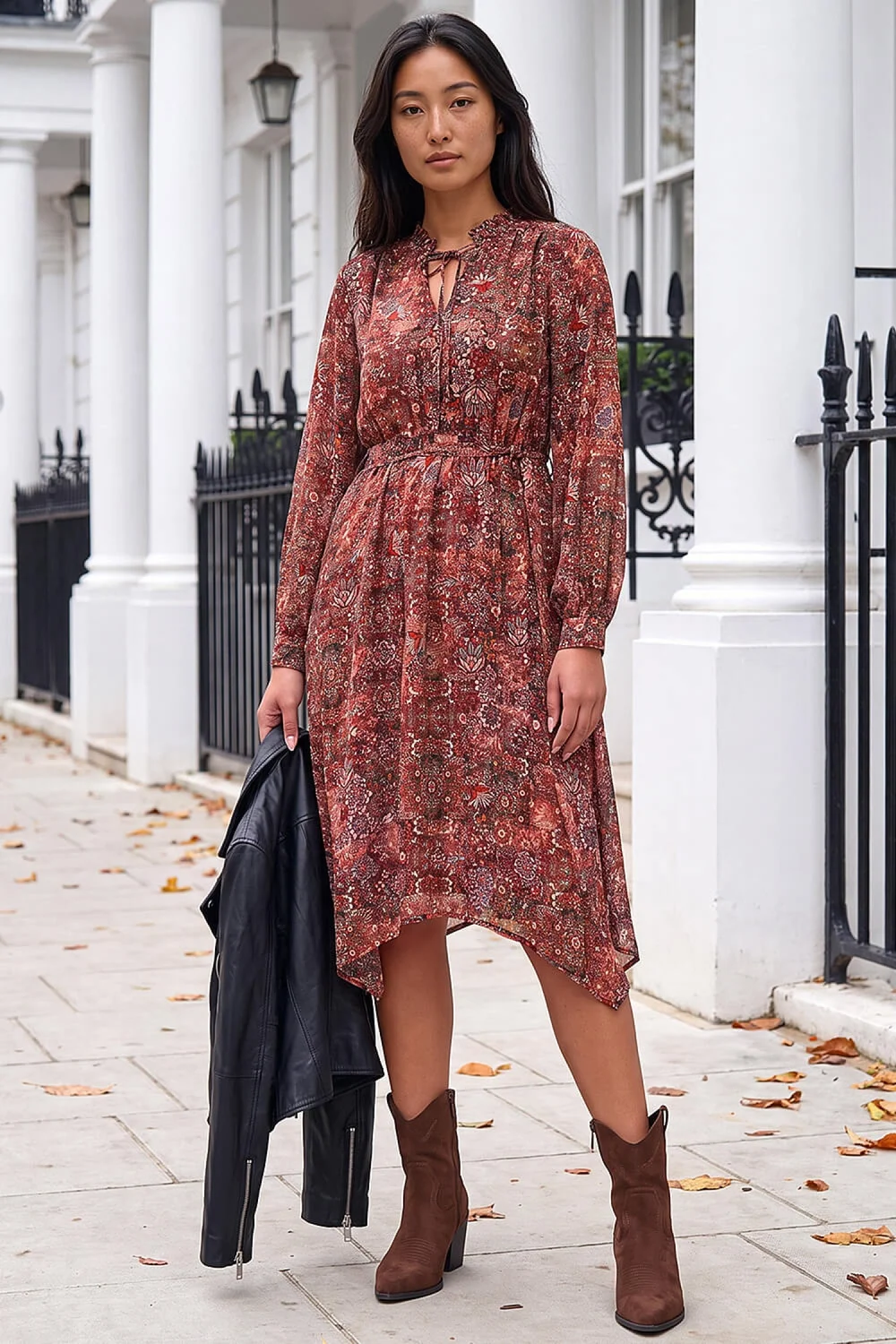 Roman Rust Petite Paisley Tie Front Midi Dress - 14 Image 3