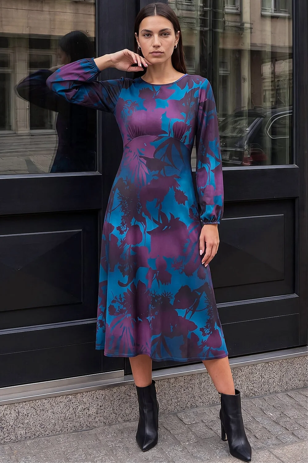 Roman Teal Floral Fit And Flare Dress - 10 Image 1