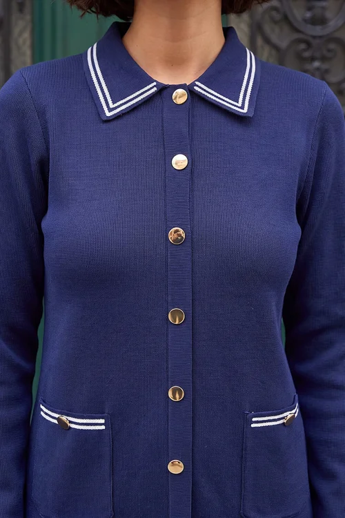 Roman Navy Collared Contrast Trim Knit Dress - 16 Image 4