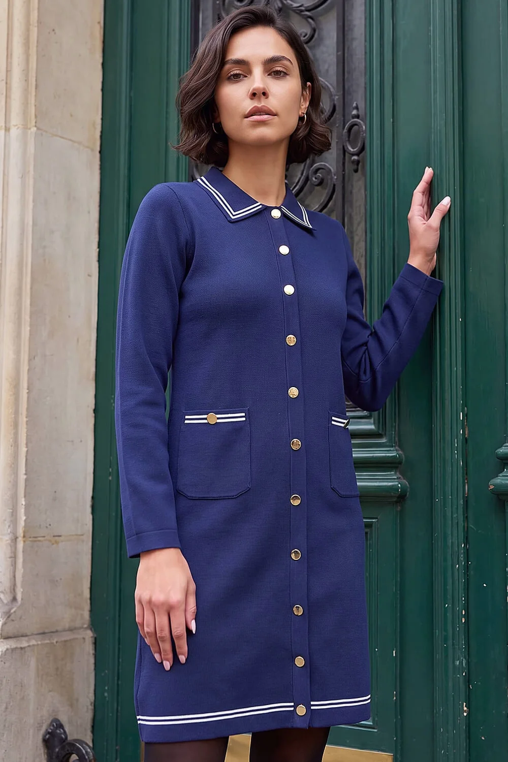 Roman Navy Collared Contrast Trim Knit Dress - 16 Image 1
