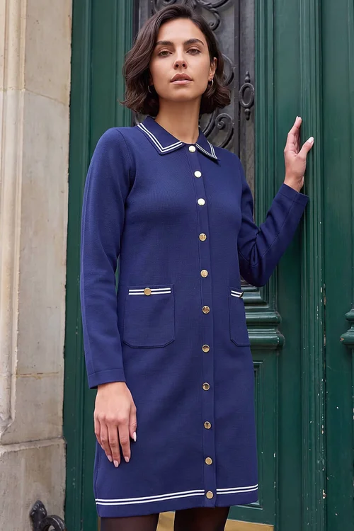 Roman Navy Collared Contrast Trim Knit Dress - 16 Image 1